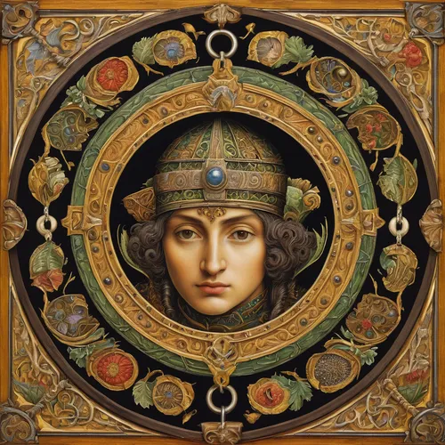 cleopatra,raphael,harmonia macrocosmica,laurel wreath,botticelli,head ornament,zodiac sign libra,leonardo da vinci,minerva,byzantine,leonardo,seven sorrows,gorgon,artemisia,the hat of the woman,cybele,virgo,art nouveau frame,roman soldier,decorative plate,Art,Classical Oil Painting,Classical Oil Painting 28