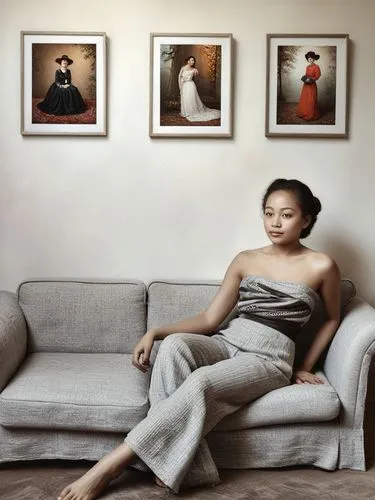 a woman who has made herself comfortable on a soft sofa in front of pictures.,a woman sitting on a couch in front of two framed pictures,woman sitting,asian woman,vietnamese woman,pandelela,sade,filip