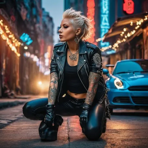 tattoo girl,punk,mohawk,femme fatale,punk design,greta oto,leather jacket,cyberpunk,pompadour,black leather,leather,girl and car,biker,cool blonde,street life,renegade,marylyn monroe - female,photo session at night,rockabilly style,rockabella,Photography,General,Fantasy