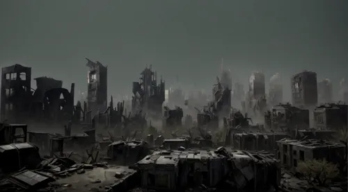 post-apocalyptic landscape,destroyed city,post-apocalypse,post apocalyptic,desolation,apocalyptic,wasteland,human settlement,necropolis,black city,dystopian,environmental destruction,deforested,scorch