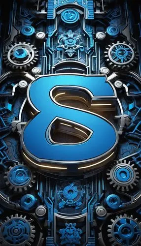 Futuristic logo, metallic material, neon lights, glowing blue circuits, robotic elements, gears, cogs, wires, shiny surface, reflective finish, 3D composition, low-angle shot, dramatic lighting, inten