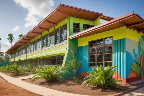 Elementary school building, modern Nigerian architecture, colorful exterior walls, angular rooflines, large windows, natural light, tropical climate design, ventilation systems, corrugated metal roofi