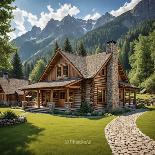 a nice house is on a green lawn surrounded by mountains,house in the mountains,house in mountains,log cabin,the cabin in the mountains,chalet,log home,home landscape,mountain huts,alpine village,woode