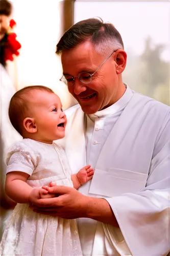 Catholic priest, baby, infant, baptism ceremony, white christening gown, holy water, gentle hands, warm smile, soft lighting, 3/4 composition, shallow depth of field, warm color tone, cinematic lighti