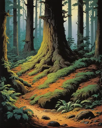 Describe a mysterious mound of dirt in a dimly lit forest.,forest landscape,old-growth forest,coniferous forest,forest floor,spruce forest,cartoon forest,fir forest,forest background,temperate conifer