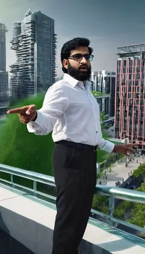 Karan Desai, Indian architect, mature man, beard, glasses, white shirt, black pants, standing, pointing, speaking, modern building, glass façade, steel structure, green roof, urban landscape, cityscap