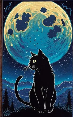 black cat sitting in the grass looking up at a full moon,starclan,ravenpaw,riverclan,cat vector,thunderclan,felino,Illustration,Realistic Fantasy,Realistic Fantasy 25