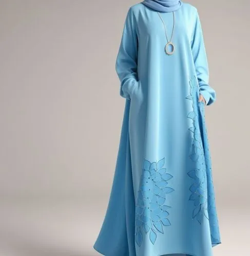 3d fashion drawing for Muslim hijab with 4k with loose design with  with suede with dots with ،with light blue with 3d drawing ,woman in an aqua blue abah,abayas,kurung,abaya,kaftan,majnun,caftan,Phot