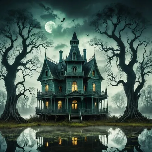 a creepy house in the middle of a swamp, a matte painting, inspired by Alexander Jansson, shutterstock, victorian house, southern gothic, photo of a beautiful, the style of andreas rocha, istock, scar