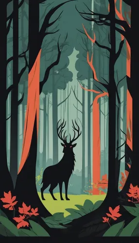 Create a thrilling encounter with a mythical creature in a Black Forest.,deer illustration,forest animal,deer silhouette,forest animals,forest background,stag,glowing antlers,elk,vector illustration,f