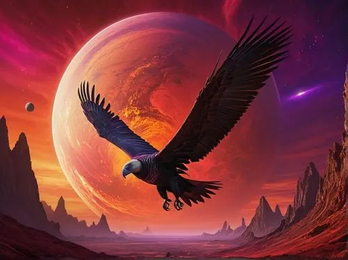 fantasy picture,ganymede,fenix,fantasy art,fantasy landscape,fire planet,world digital painting,starhawk,eagle illustration,barsoom,planetary,owl background,hawkwind,birds of prey-night,alien planet,gryphon,soar,space art,rapace,raven bird,Photography,General,Natural