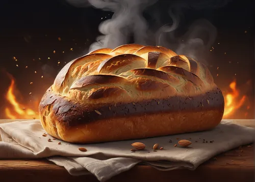 Describe the feeling of holding a pound of freshly baked bread, with steam rising and the delicious aroma filling the air.,challah,pan de muerto,baking bread,easter bread,fresh bread,raisin bread,pane