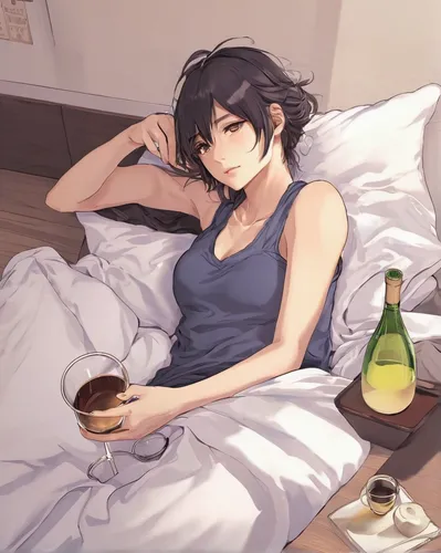 breakfast in bed,darjeeling tea,drinking coffee,drunkard,a snack between meals,room boy,sleepyhead,rest,morning mood,ideal,shosenkyo drunk,tea zen,gin,bed,resting,in the morning,domestic bird,awake,sleepy,domestic,Illustration,Japanese style,Japanese Style 12