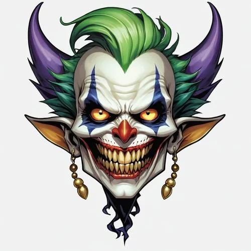 2d front sprite of a slimy and black colored spooky egyption joker jester warrior monster, transparent background,a creepy clown with green hair and yellow teeth,kefka,wason,scary clown,horror clown,d