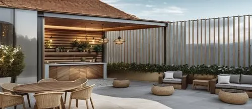 Roof garden living room with two different kinds of floor, a garden table with a kitchen bar and a romantic light and ambience with plants and lights. ,patio with furniture, potted plants and wood scr