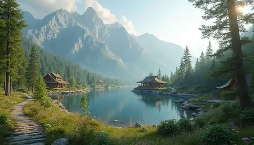 fantasy landscape,landscape background,skyrim,mountain settlement,cryengine,riftwar,riverwood,mountain landscape,salt meadow landscape,forest lake,elves country,alpine landscape,beleriand,beautiful landscape,oberland,gondolin,mountainous landscape,crytek,nature landscape,fantasy picture,Photography,General,Realistic