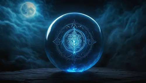 Glowing blue orb, Glubo, floating in mid-air, dark misty background, eerie ambiance, mysterious glow, soft pulsing light, spherical shape, iridescent sheen, misty fog surrounding, glowing runes etched