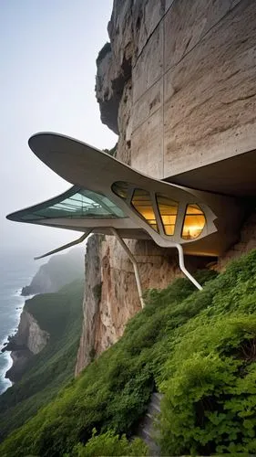 an architectural marvel nestled within a rugged cliff, overlooking the vast expanse of the ocean. The entrance to the structure is designed to be both dramatic and inviting, with a grand staircase tha