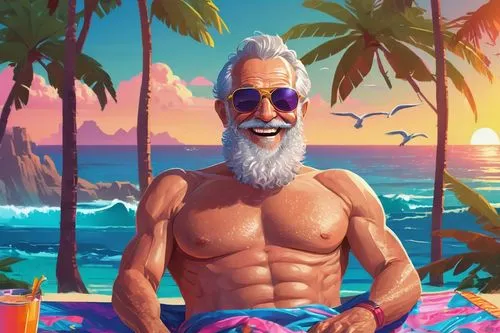 santa claus at beach,summer background,merman,cuba background,portrait background,cabana,beach background,poseidon,aloha,elderly man,piña colada,summer icons,grandpa,el mar,retirement,world digital painting,luau,cg artwork,man at the sea,dolphin background,Conceptual Art,Sci-Fi,Sci-Fi 27