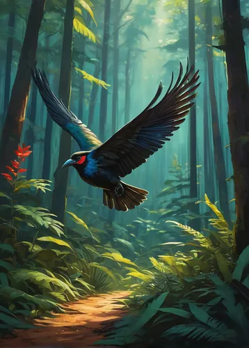 Describe the peaceful forest where the Urutau bird resides.,ivory-billed woodpecker,bird illustration,bird painting,steller s jay,bird wing,black macaws sari,corvidae,bird of paradise,raven's feather,