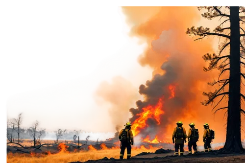 Wildfires, blazing flames, orange and yellow hues, smoke billowing, charred tree trunks, burning bushes, scorched earth, firemen in action, helmets, oxygen masks, water hoses, intense heat, dramatic l