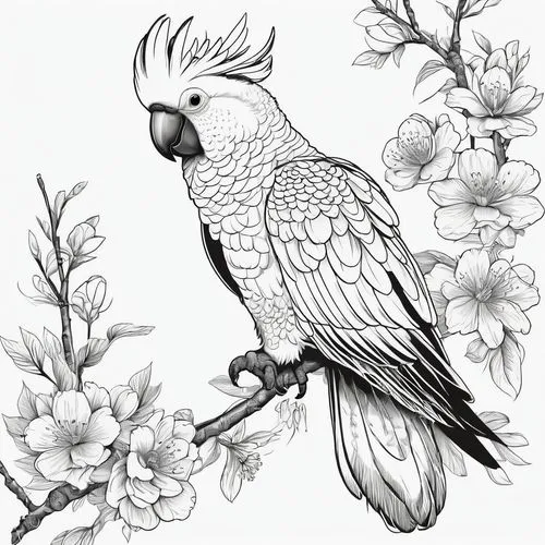 flower and bird illustration,an ornamental bird,ornamental bird,bird illustration,line art birds,budgerigar,Illustration,Black and White,Black and White 04