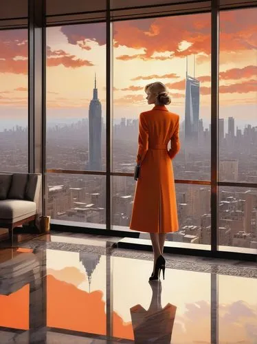 vettriano,orange robes,overlook,orange,skydeck,sedensky,cityscape,skyline,skyscrapers,manhattanite,skycraper,manhattan,orange sky,alchemax,city view,vertigo,asuka langley soryu,woman silhouette,above the city,dystopian,Art,Artistic Painting,Artistic Painting 24