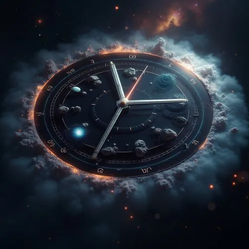 A wall clock floats in the darkness of space. The hands, thin beams of light, point to the hours marked by shimmering planets and galaxies. Each planet, precisely placed, emits a soft glow, while the 