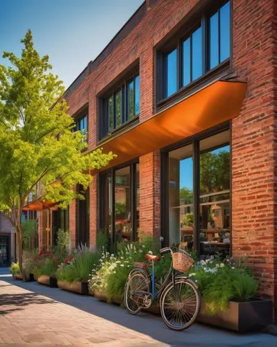 Baker City, modern architectural design, sunny afternoon, golden hour, low-angle shot, symmetrical composition, vibrant colors, sleek lines, curved roofs, large glass windows, steel beams, rustic bric