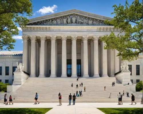 Supreme Court building, neoclassical architecture, marble columns, grand staircase, ornate details, high ceiling, large windows, American flag, Washington D.C., sunny day, blue sky, green grass, walki