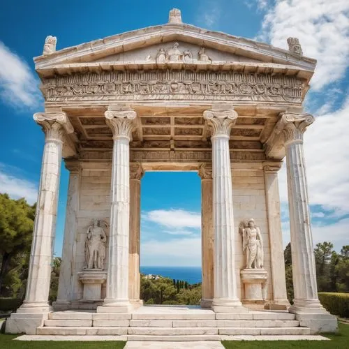 Lenity architecture, ancient Greek temple, white marble columns, intricate carvings, grand entrance, symmetrical structure, ornate details, majestic statues, Mediterranean landscape, sunny day, clear 