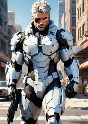 Powerful man wearing (white and silver tactical gear), (body armor), (ruggedly handsome), (muscular), (salt and pepper hair), (medium length haircut), (full body picture), (intricate details), (realis