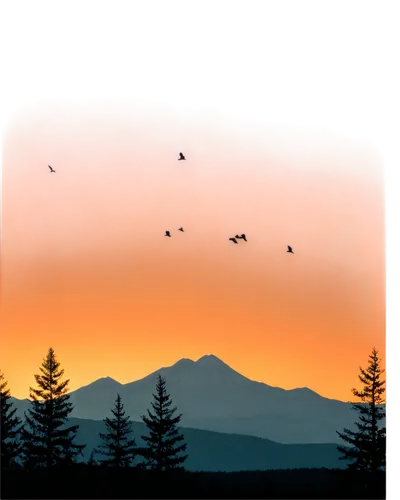 Wildlife scenery, sunset, animals in silhouette, mountain range, trees, birds flying, clouds, warm orange light, gradient sky, panoramic view, cinematic composition, shallow depth of field, warm color