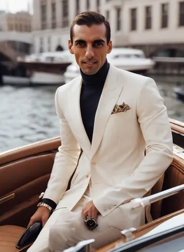 A very strong, elegant businessman traveling in his luxury executive speedboat,james bond,aristocrat,men's suit,on a yacht,bond,rowing dolle,venice italy gritti palace,yacht,yachts,bombardino,gentlema