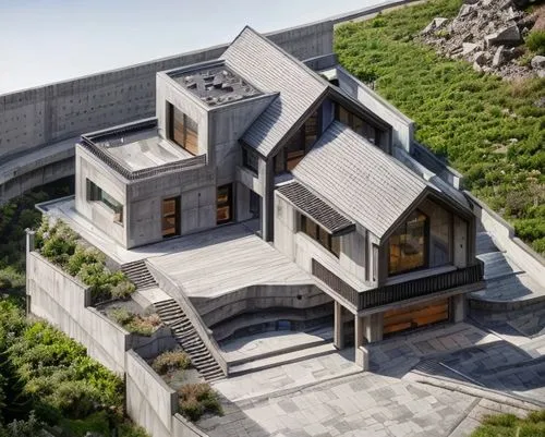 dunes house,cubic house,slate roof,house in mountains,house in the mountains,modern house,modern architecture,cube house,house roof,house shape,metal roof,stone house,folding roof,roof landscape,grass