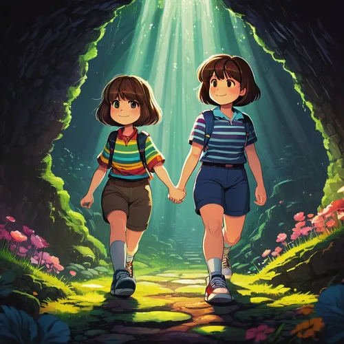 hold hands,forest walk,holding hands,hand in hand,little girls walking,chasm,magical adventure,adventure game,exploration,little boy and girl,hikers,pines,studio ghibli,stroll,girl and boy outdoor,happy children playing in the forest,boy and girl,hands holding,hiyayakko,exploring,Conceptual Art,Sci-Fi,Sci-Fi 25