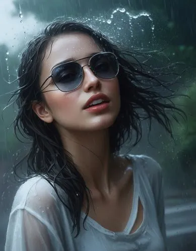 young beauty female in the rain,donsky,rainswept,in the rain,walking in the rain,rainfall,monsoon,light rain,heavy rain,photoshop manipulation,rainstorm,world digital painting,sunglasses,sunglass,sun 