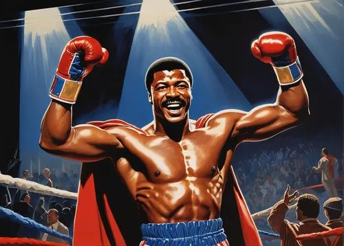 Apollo Creed, boxing champion, muscular man, confident smile, bold eyes, short black hair, sweat-drenched skin, golden boxing gloves, red and blue boxing robe, championship belt, dynamic pose, victori