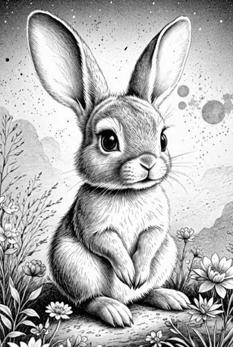 a drawing of a rabbit with flowers in the foreground,cartoon rabbit,steppe hare,lepus,leporidae,cartoon bunny,cottontail,Design Sketch,Design Sketch,Detailed Outline