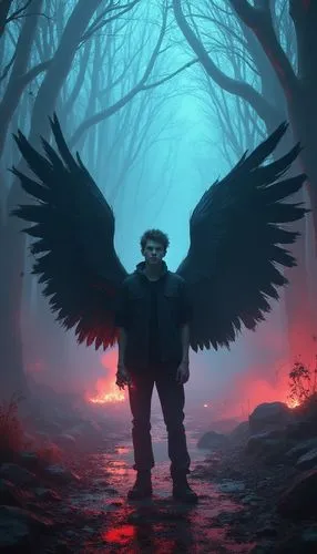 A young man with balck wings in a Horror fantasy land alone  turning to stone ,a person with an elaborate winged costume stands on the street,dark angel,black angel,angel of death,fallen angel,mothman