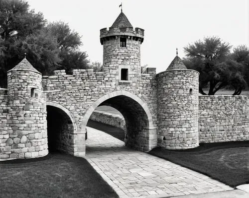 top down vector drawing of a (small (one-story) medieval Germanic-style castle), small gatehouse, driveway, isometric style, line drawing, architectural drawing, light shading, detailed, map-like, (st