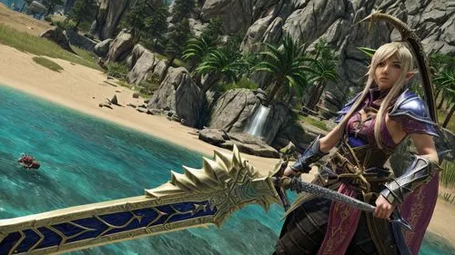 beach background,imperial shores,female warrior,wind warrior,wind edge,swordswoman,beach scenery,male elf,massively multiplayer online role-playing game,longbow,dark elf,horn of amaltheia,dragoon,on t