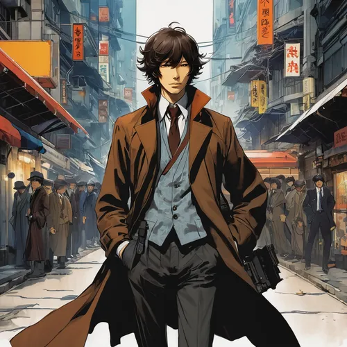 Write a comedic prompt involving Dazai Osamu accidentally causing chaos during a mission with the Armed Detective Agency.,overcoat,sherlock holmes,lupin,detective,frock coat,sherlock,detective conan,a