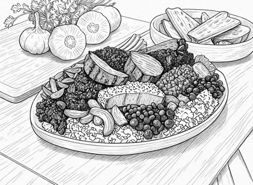 food in an oriental dish, surrounded by vegetables and other ingredients,fruit plate,food line art,verduras,fruit bowl,fruits and vegetables,coloring page,Design Sketch,Design Sketch,Detailed Outline