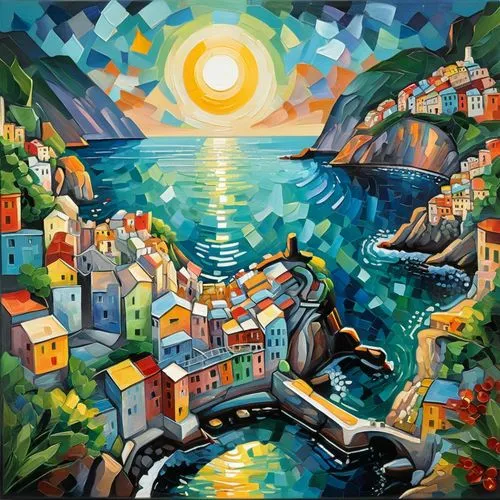 acapulco,cinque terre,valparaiso,madeira,positano,portofino,nicaraguan cordoba,manarola,garachico,rio de janeiro,napali,viña del mar,puerto rico,mural,dominica,aurora village,oil painting on canvas,fishing village,liguria,bora-bora,Art,Artistic Painting,Artistic Painting 45