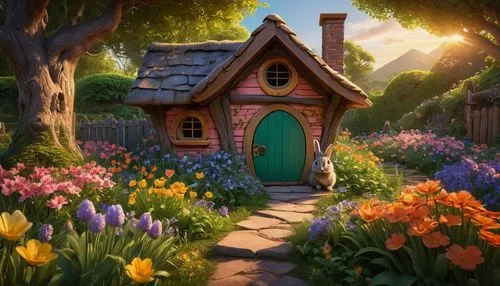 fairy door,fairy house,fairy village,cottage garden,dandelion hall,little house,Conceptual Art,Fantasy,Fantasy 16