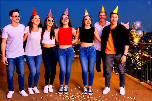 group of friends, laughing, smiling, casual wear, jeans, t-shirts, sneakers, sunglasses, party hats, colorful balloons, confetti, sparklers, nighttime, city rooftop, panoramic view, warm lighting, sha