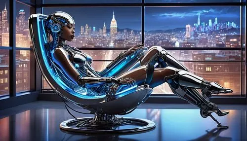 new concept arms chair,cyberpunk,girl at the computer,neon human resources,office chair,women in technology,futuristic,chat bot,cybernetics,woman sitting,chatbot,neon body painting,cyberspace,agent provocateur,artificial intelligence,cyber,man with a computer,computer art,sitting on a chair,electro,Illustration,Realistic Fantasy,Realistic Fantasy 21