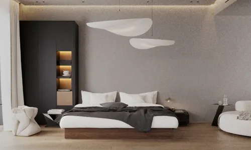 modern room,sleeping room,wall lamp,3d rendering,bedroom,modern decor,loft,canopy bed,contemporary decor,guest room,render,interior decoration,wall plaster,interior modern design,room divider,interior design,guestroom,concrete ceiling,sky apartment,room newborn