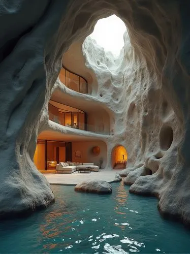 imagine a highly detailed, intriguing visualization of an underground residence carved into the rocky cliffs of a remote island, taking inspiration from ancient cave dwellings. Highlight the interplay